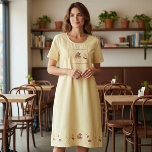 Jane Ashley Woman Shift Dress Butter Yellow Fruit Applique Beads 2X Vtg Artsy